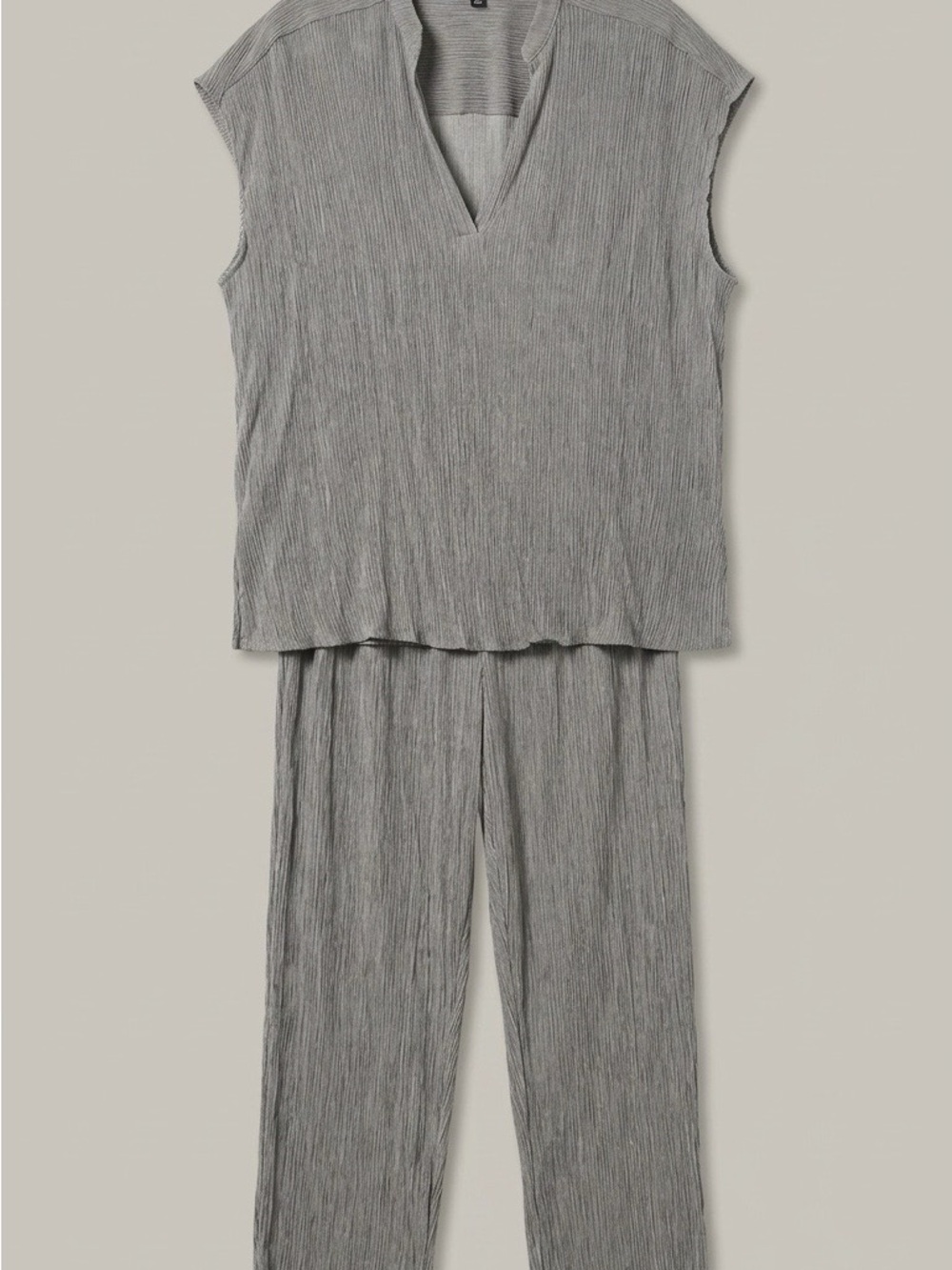 Modern Wear Relaxed Gauze V-Neck Sleeveless Top and Straight Pants Set - Gray